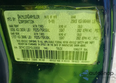 2000 Dodge Ram 1500 St from USA, damaged, VIN 3B7HC12Z2YG122832